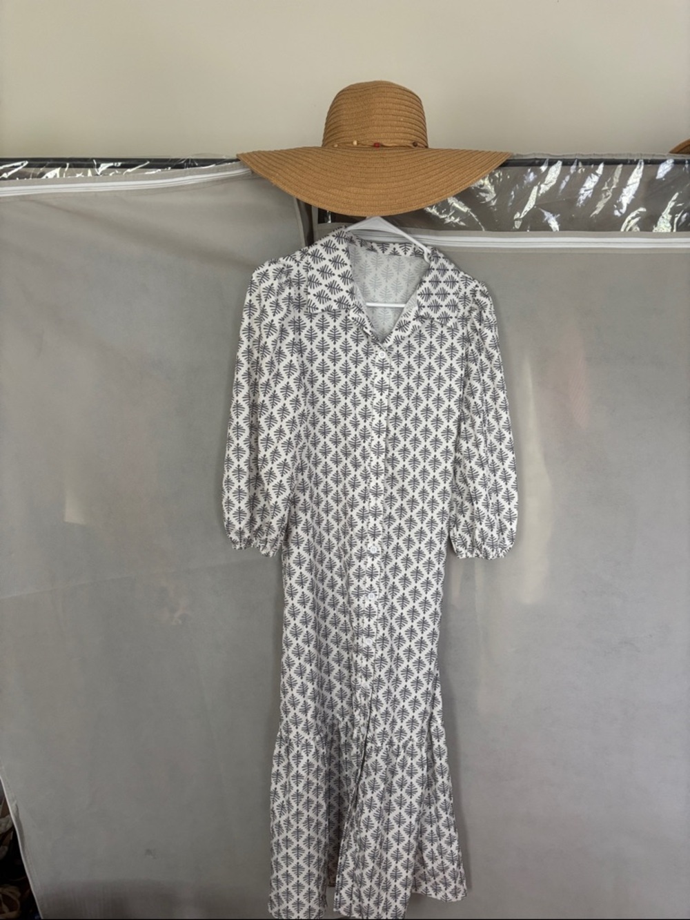 Printed White and Gray Button-Front Maxi Dress